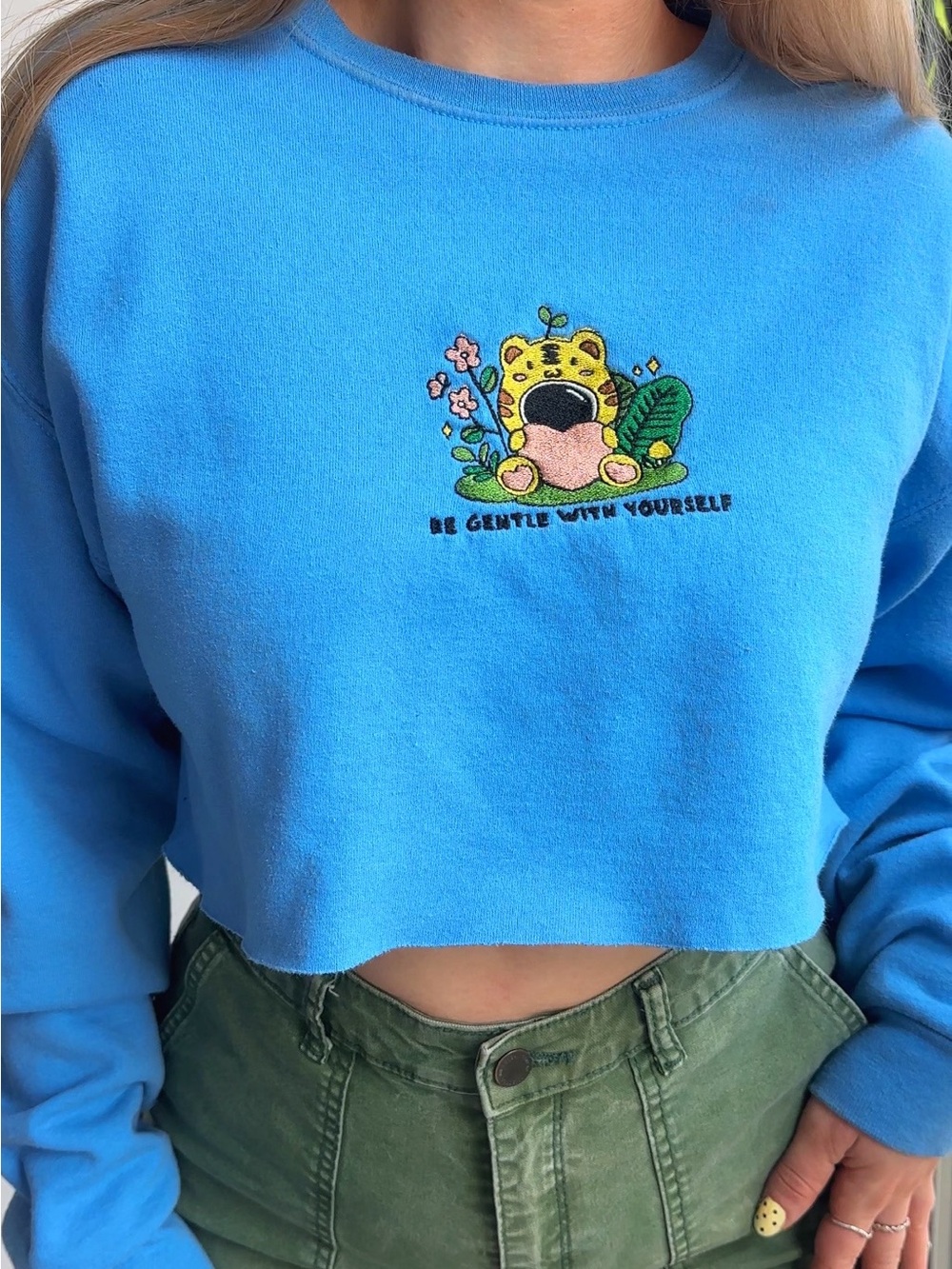 Upcycled Blue 'Be Gentle With Yourself' Embroidered Fleece Crewneck Sweatshirt